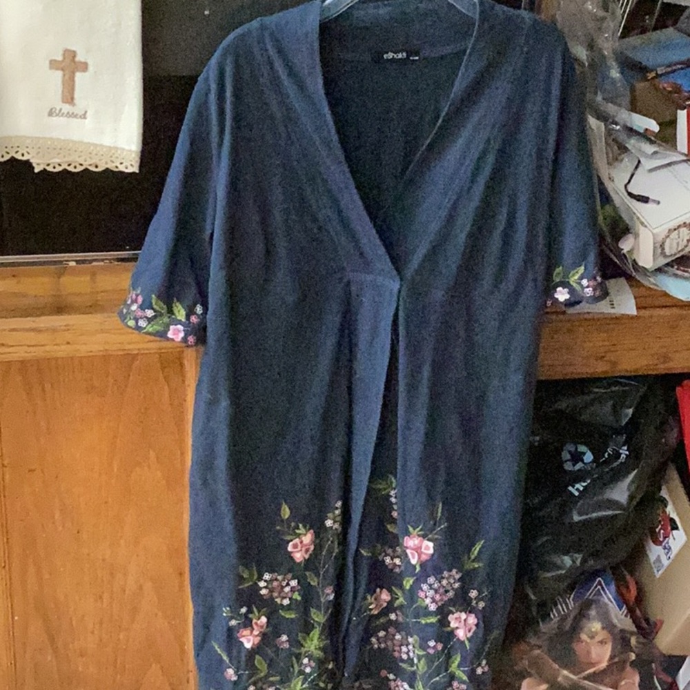 eshakti Navy Blue Midi Dress with Pink Floral Embroidery